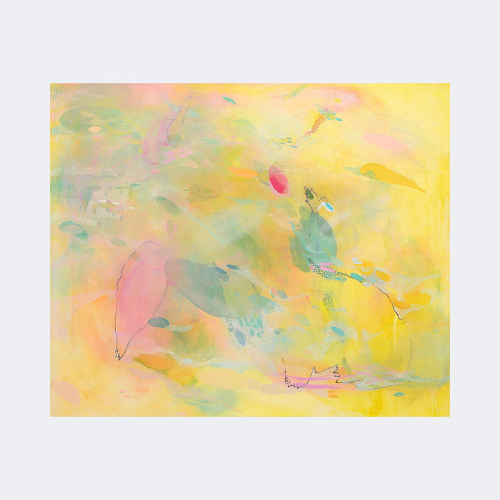 The artwork "Sundrenched" by Amy Decker features a soft, ethereal blend of pastel yellows, pinks, and blues with delicate, abstract shapes and fine lines that evoke a dreamlike atmosphere. The composition’s fluid textures and subtle layering resemble the impressionistic styles of Claude Monet and the gentle abstraction found in Wassily Kandinsky’s works, creating a serene, sunlit ambiance.