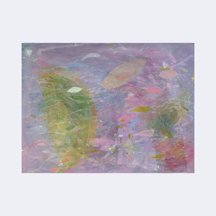 The artwork "Undersea Lavender" by Amy Decker features a dreamy underwater scene with soft, translucent lavender and pastel hues blending with hints of green and coral. Organic leaf-like shapes float gently amidst textured, impressionistic brushstrokes reminiscent of Monet's water lilies and Chagall's fluid forms, creating a serene, ethereal atmosphere.