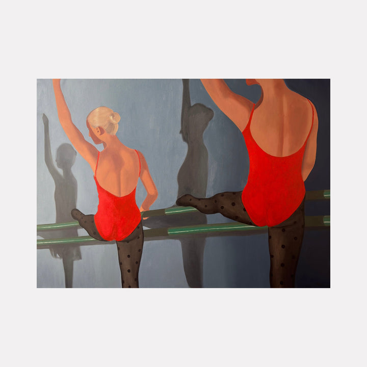 The artwork "ballet" by Anastasia Korsakova features a modern figurative composition of a dancer in a vivid red leotard and black polka-dot tights practicing at the barre. The smooth skin tones contrast with the muted background and soft shadows, evoking the clean, poised qualities reminiscent of Alex Katz’s minimal realism and Edgar Degas’ ballet studies.