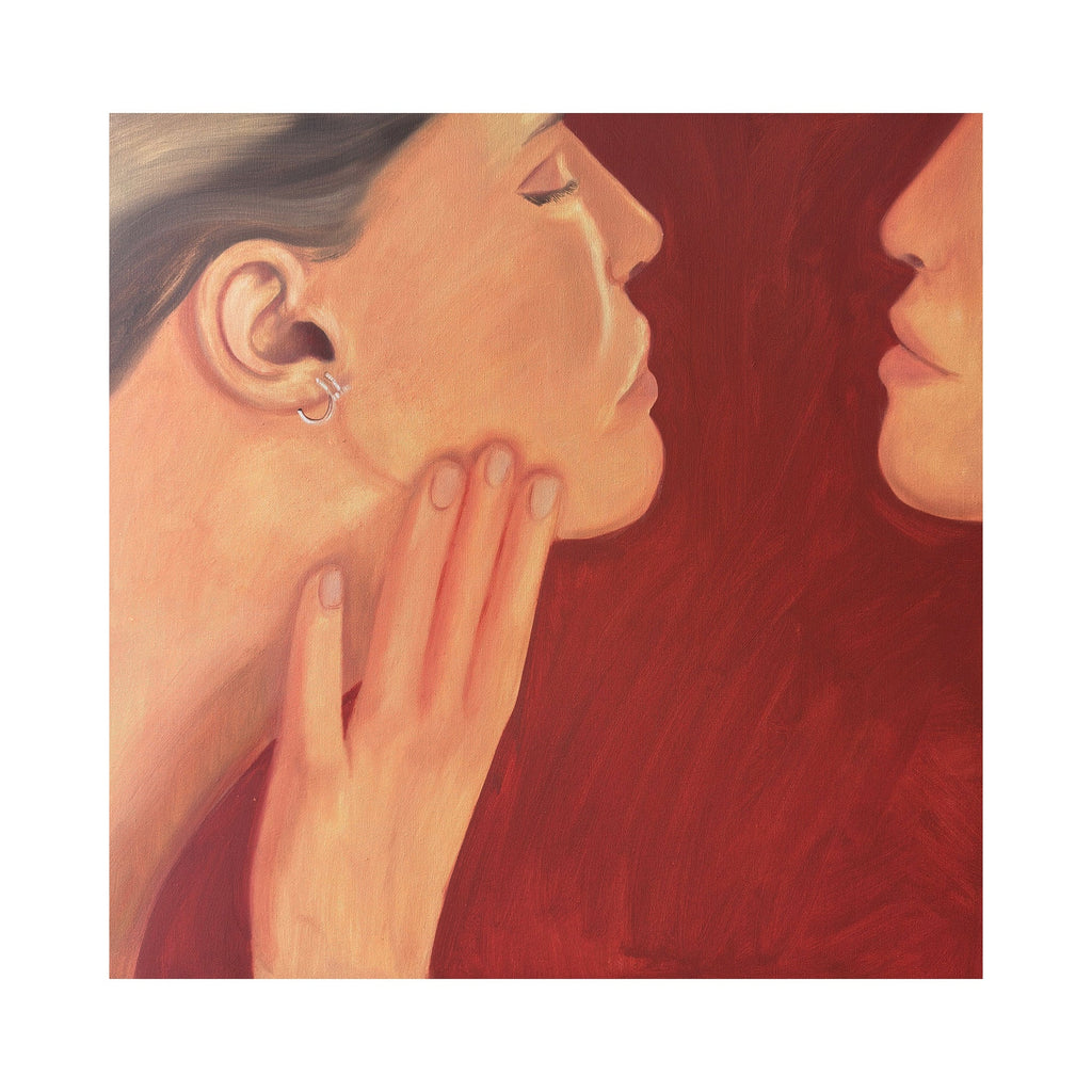 The artwork "Between Us" by Anastasia Korsakova features a figurative composition with soft, warm tones of peach, beige, and deep red. The intimate close-up of two faces and a hand rendered with smooth brushstrokes evokes quiet connection and introspection, reminiscent of the subtle emotional depth found in the works of Alice Neel and Egon Schiele.