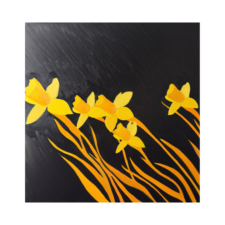 The artwork "Burning Bloom" by Anastasia Korsakova features abstract yellow and orange floral shapes set against a deep black background. Flowing, elongated forms suggest movement and growth, with textured brushstrokes evoking a vibrant energy reminiscent of the organic abstraction found in works by Georgia O’Keeffe and Helen Frankenthaler.