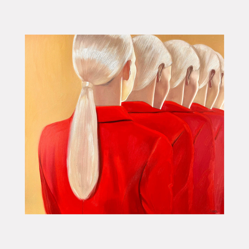 The artwork "Multiplicity" by Anastasia Korsakova features repeated figures of a woman with platinum blonde hair tied in a sleek ponytail, dressed in vibrant red jackets against a warm beige background. The composition explores themes of repetition and identity through smooth textures and precise realism, evoking styles similar to Gerhard Richter and Alex Katz.