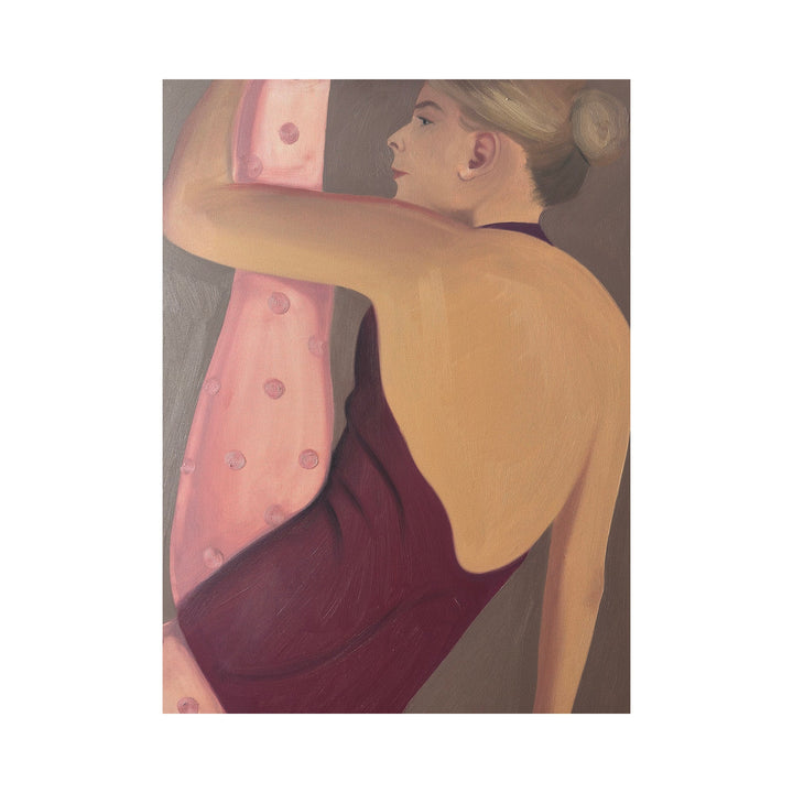The artwork "Strech" by Anastasia Korsakova features a figurative painting of a woman in a deep burgundy dress with an exposed back, holding a soft pink fabric with subtle patterns. The muted palette and smooth texture evoke a contemplative mood, with stylistic echoes of intimate portraiture found in works by John Singer Sargent and contemporary realism.