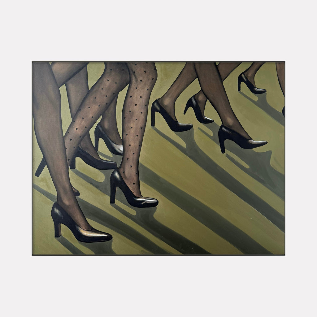The artwork "The parade" by Anastasia Korsakova features a close-up view of legs clad in sheer patterned and plain black stockings, each wearing black high-heeled shoes. The composition highlights the elongated shadows cast on an olive-green background, evoking the cinematic and stylized realism reminiscent of Edward Hopper’s moody scenes and the graphic clarity of Alex Katz.