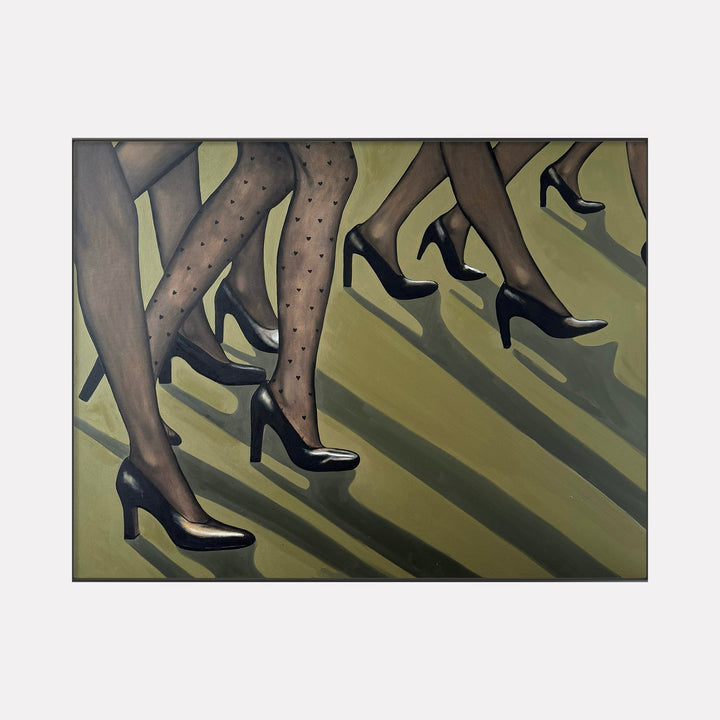 The artwork "The parade" by Anastasia Korsakova features a close-up view of legs clad in sheer patterned and plain black stockings, each wearing black high-heeled shoes. The composition highlights the elongated shadows cast on an olive-green background, evoking the cinematic and stylized realism reminiscent of Edward Hopper’s moody scenes and the graphic clarity of Alex Katz.