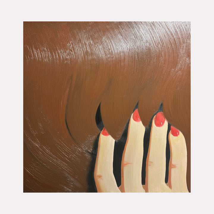 The artwork "Touch" by Anastasia Korsakova features a close-up of fingers with red nails gently interacting with flowing brown hair. The smooth, minimalistic brushstrokes and muted earthy tones evoke a sense of intimacy and softness, reminiscent of the figurative abstraction found in works by Alex Katz and Henri Matisse.