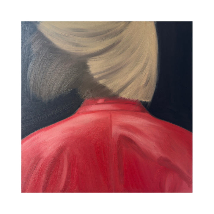 The artwork "Wind in Her hair" by Anastasia Korsakova features a figurative composition depicting the back of a figure with flowing blonde hair and a vibrant red garment. Soft brushstrokes and smooth textures create a sense of motion, evoking the tactile intimacy and subtle realism reminiscent of works by Lucian Freud and Jenny Saville.
