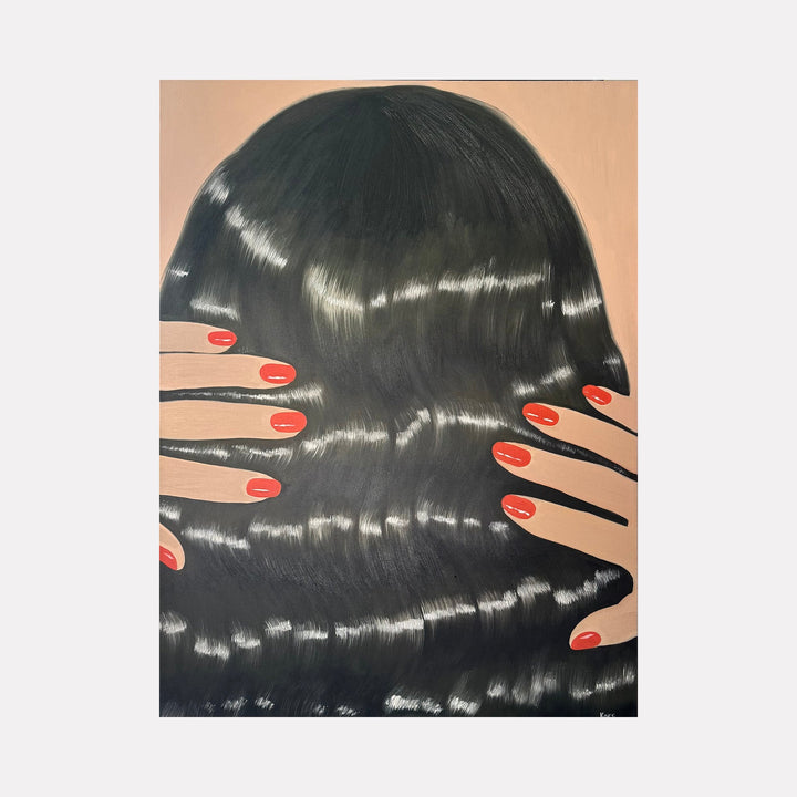 The artwork "Unseen" by Anastasia Korsakova features a close-up view of glossy black hair cascading down, with smooth, reflective highlights creating a sense of texture and depth. Pale hands with bright red nails gently frame the hair, evoking the sleek, stylized portraiture seen in works by Alex Katz and Tamara de Lempicka.