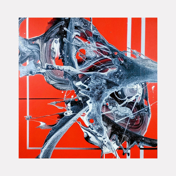 The artwork 'Ancestral Spirit' features dynamic abstract forms in silvery grey and black swirling against a vibrant red background. The composition suggests fluid, organic movement with metallic-like textures and splatter effects created in acrylic on canvas. Bold geometric white lines intersect the piece, creating a striking contrast with the chaotic, flowing elements. By Nicholas Franklin.
