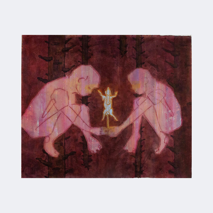 The artwork "And There Will Be Time" by Patrick Bower features two translucent, crouching human figures facing each other, rendered in muted pinks and purples against a dark, textured background with vertical, branch-like forms. A small, glowing golden figure dances between them. The style evokes the ethereal and layered qualities reminiscent of Egon Schiele and early Gustav Klimt.