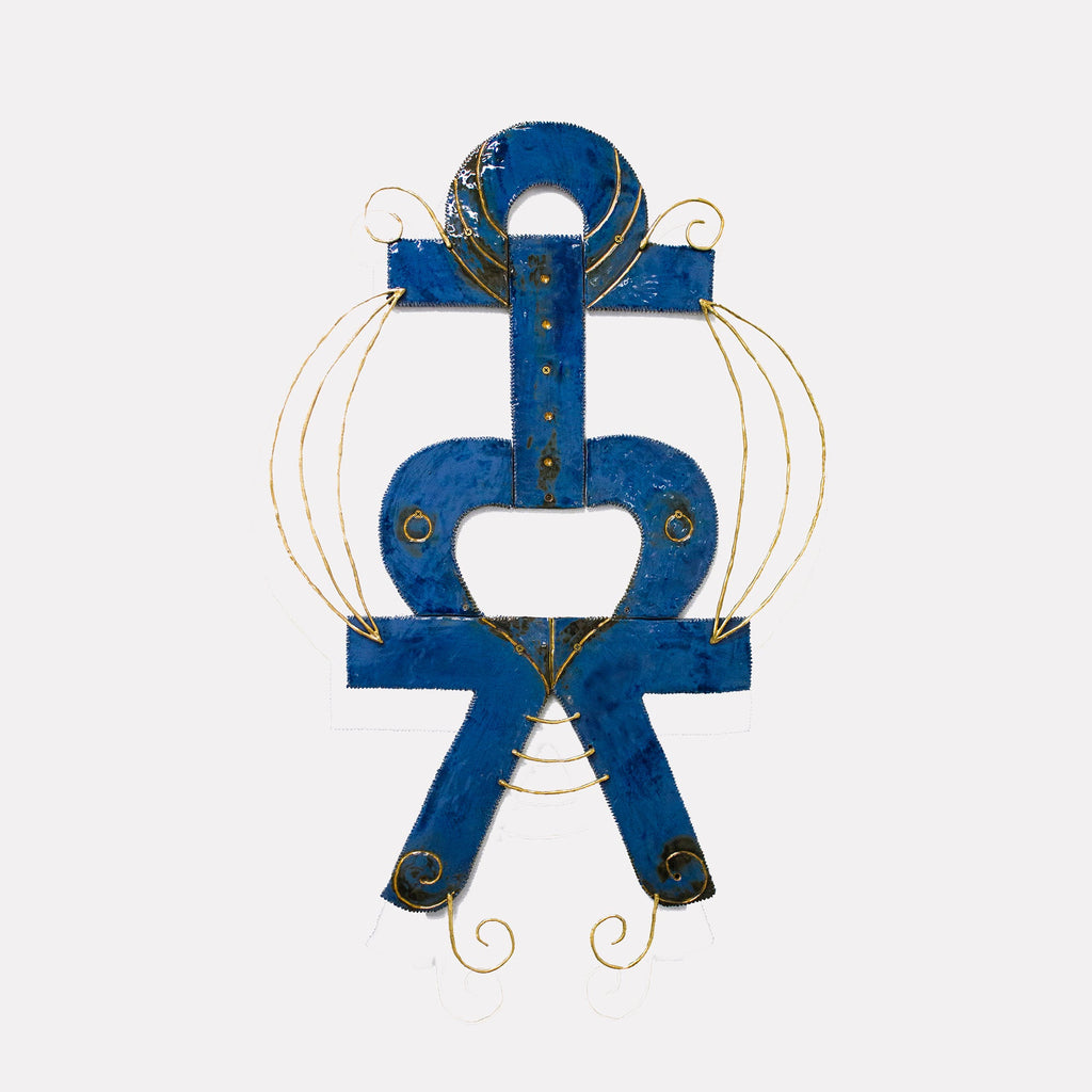 The artwork "Reward" by Adina Andrus features an abstract composition of bold blue shapes with a textured surface and delicate gold wire accents forming graceful curves and spirals. The balanced geometric forms and refined lines evoke a serene modernist abstraction reminiscent of works by Joan Miró and Alexander Calder.
