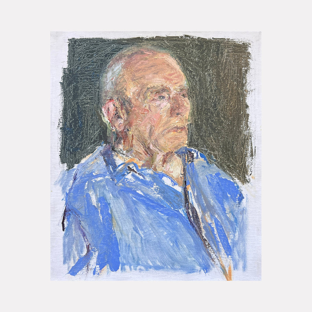 The artwork "Andy's Head" by Catherine Webb features a textured, expressive portrait of an elderly man in a blue shirt against a muted, dark rectangular background. The loose brushwork and subdued palette evoke the impressionistic style of Lucian Freud and the contemplative intimacy found in the portraits of Alice Neel.