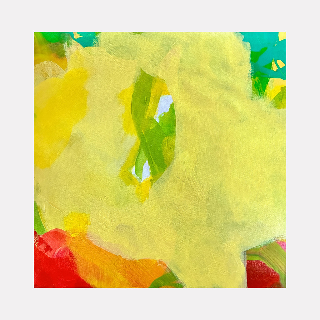 (R)evolution no. 1 by Ann Tracy showcases a vibrant interplay of soft yellow and green hues with dynamic bursts of red and orange, creating a fluid, abstract composition that embodies a fresh, energetic mood with layered textures and subtle transitions of color.