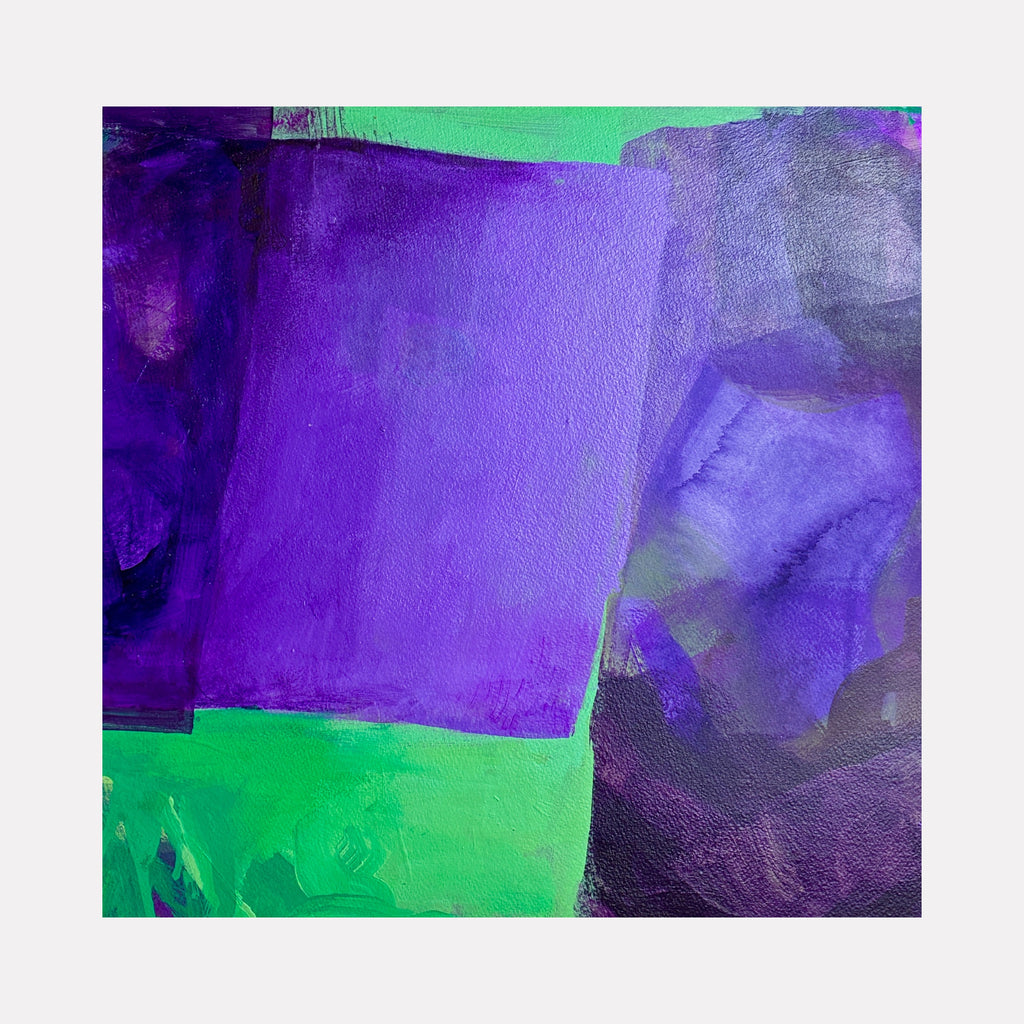 (R)evolution no. 2 by Ann Tracy reveals an abstract composition dominated by bold purples contrasted with vivid greens. The layered brushstrokes and textured forms create a sense of depth and motion, blending cool and vibrant hues into a visually dynamic and contemplative interplay of color and shape.
