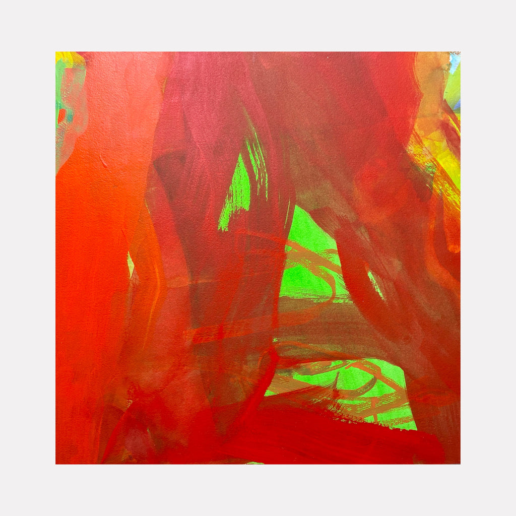 (R)evolution no. 3 by Ann Tracy features an intense abstract layering of vibrant red and green tones with fluid brushstrokes. The composition evokes a compelling sense of movement and depth through intertwining translucent forms and dynamic interplay of warm and cool colors, creating a bold, energetic visual experience.