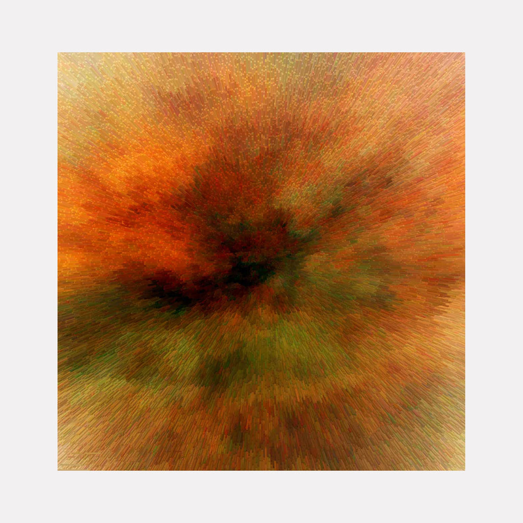The artwork "Endless Sky" by Anne Cherubim features a dynamic explosion of warm oranges, deep reds, and muted greens, creating an abstract, textured composition that radiates from the center. The style evokes the abstract expressionism of Mark Rothko with a contemporary twist, blending organic movement and vibrant color fields to evoke a sense of infinite space and energy.