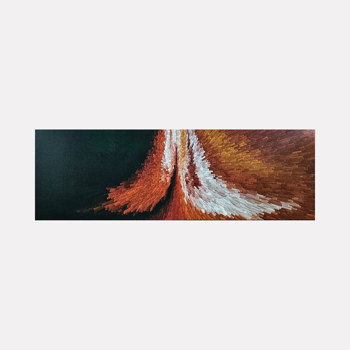 The artwork "Eye of The Storm Recycled ii" by Anne Cherubim features an abstract composition with textured brushstrokes forming dynamic, flowing shapes. Dominated by deep greens, burnt oranges, warm browns, and stark whites, it evokes movement and energy reminiscent of Gerhard Richter’s abstract works and the fluidity of J.M.W. Turner’s atmospheric paintings.