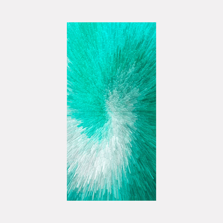 The artwork "Mismatched Recycled ii" by Anne Cherubim features an abstract composition with textured vertical streaks in vibrant turquoise and white tones. The piece evokes a dynamic energy reminiscent of works by Gerhard Richter, blending impressionistic movement with modern digital aesthetics, creating a captivating visual depth and fluidity.