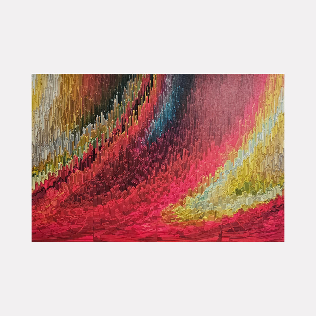 The artwork "Petals - Little Cities Rising" by Anne Cherubim features an abstract composition of vertical brushstrokes creating a textured, pixelated effect with vibrant reds, pinks, yellows, and blues. The style evokes elements of abstract expressionism and digital glitch art, reminiscent of artists like Gerhard Richter and Sonia Delaunay.