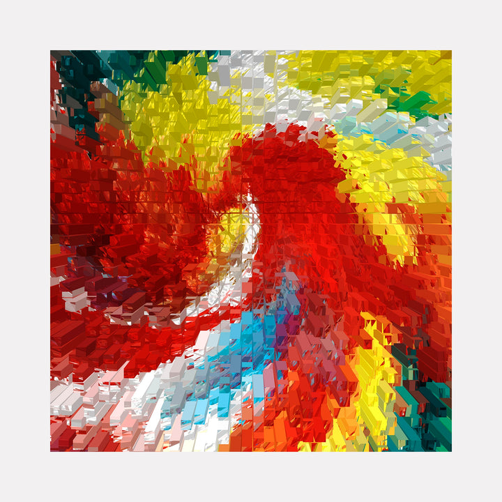 The artwork "Petals in The Wind Recycled" by Anne Cherubim features an abstract swirling composition of vibrant reds, yellows, blues, and greens. The piece evokes a three-dimensional textured mosaic effect with dynamic brush-like strokes, reminiscent of digital pixelation merged with impressionistic movement, echoing styles similar to Wassily Kandinsky’s vivid abstraction and the energetic forms of Jackson Pollock.