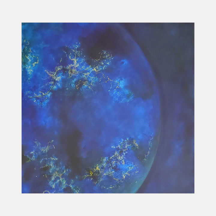 The artwork "Ring the Bells That Still Can Ring" by Anne Cherubim features a luminous, abstract composition dominated by deep blues and subtle hints of gold. The swirling textures and ethereal forms evoke cosmic and oceanic themes, reminiscent of Mark Rothko's color fields and the atmospheric abstraction of Helen Frankenthaler.