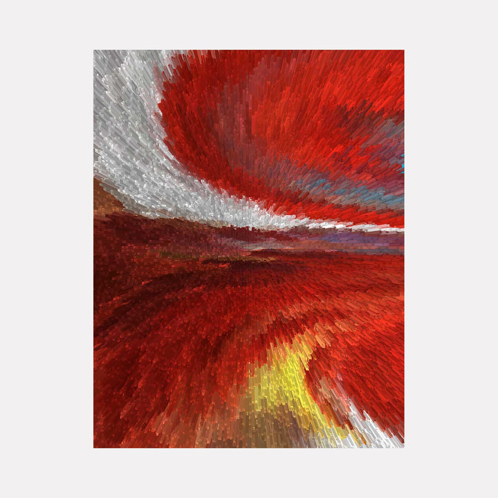 The artwork "Skyburst" by Anne Cherubim features dynamic textured strokes in vibrant red, white, yellow, and hints of purple and gray. The abstract composition evokes a sense of motion and depth, reminiscent of the energetic brushwork seen in Jackson Pollock's action paintings or the bold color fields of Mark Rothko, with a modern, digital impressionist style.