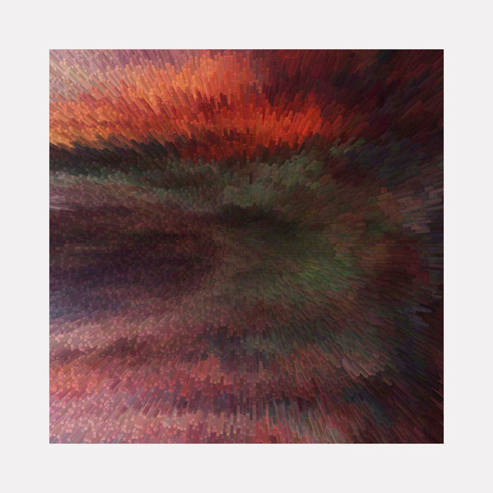 The artwork "Sunset in The Dell" by Anne Cherubim features an abstract blend of warm reds, oranges, deep greens, and purples. The textured brushstroke technique creates a dynamic, almost pixelated landscape reminiscent of Impressionist and Post-Impressionist styles, similar in mood to works by Claude Monet and Vincent van Gogh.