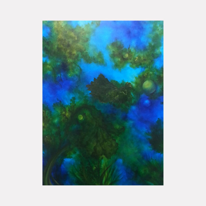 The artwork "Underneath It All" by Anne Cherubim features an ethereal underwater scene with swirling organic shapes in deep greens and vibrant blues. The layered textures and soft blending evoke a sense of immersion and tranquility, reminiscent of the atmospheric, abstract naturalism found in works by Helen Frankenthaler and Georgia O’Keeffe.
