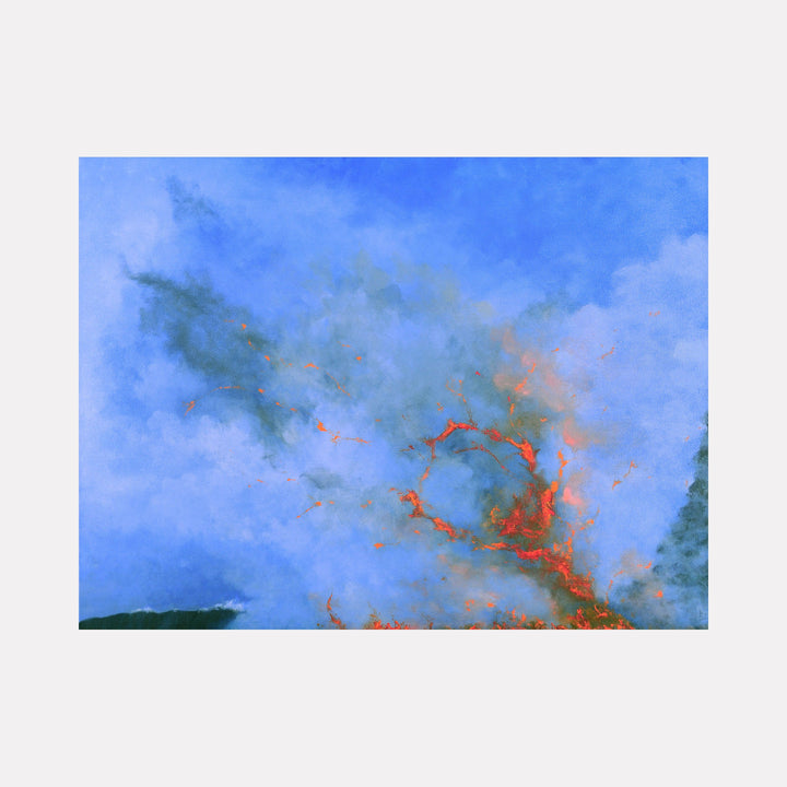 The artwork "When Pele Sings" features a dynamic blend of swirling blue and gray clouds with vivid orange and red lava-like streaks, creating a fiery contrast against a soft textured sky background. The composition evokes volcanic energy and natural forces. By Anne Cherubim.
