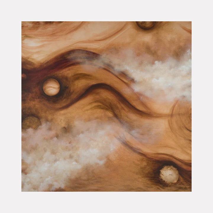 The artwork "300 Years Is A Long Time" by Anne Cherubim features swirling earthy tones of brown and beige with ethereal clouds of white, evoking a cosmic or planetary scene. Rounded shapes resembling planets and soft flowing textures create a sense of timelessness and depth. Anne Cherubim.