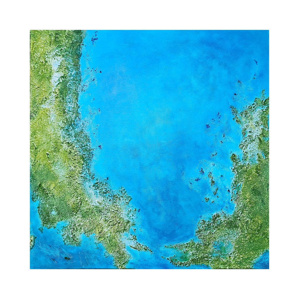 The artwork "As Above, So Below" by Anne Cherubim features an abstract composition with textured, organic forms in lush greens contrasted against expansive vibrant blues. The layered textures and fluid shapes evoke natural landscapes and water bodies, reminiscent of Helen Frankenthaler’s color fields and the atmospheric abstraction of Mark Rothko.