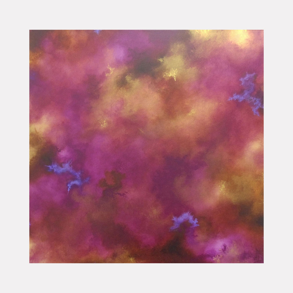 The artwork "Excitable Cells" features an abstract composition with swirling shades of purple, pink, gold, and hints of blue, creating a dynamic and textured visual effect reminiscent of cellular or cosmic forms. The interplay of colors and soft gradients evokes energy and movement. By Anne Cherubim.
