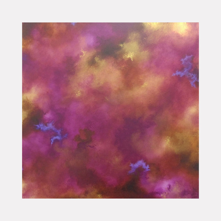 The artwork "Excitable Cells" features an abstract composition with swirling shades of purple, pink, gold, and hints of blue, creating a dynamic and textured visual effect reminiscent of cellular or cosmic forms. The interplay of colors and soft gradients evokes energy and movement. By Anne Cherubim.
