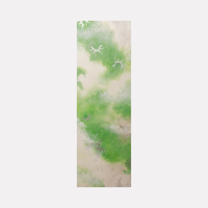 The artwork "Excitable Cells ii" by Anne Cherubim features an abstract composition with soft, blended patches of green and beige tones, interspersed with delicate branching shapes resembling neural or cellular structures. The textured layers create a sense of depth and organic movement, characteristic of mixed media techniques. Anne Cherubim.