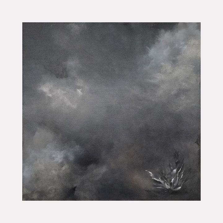 The artwork "In The Cave iv" by Anne Cherubim features a textured abstract composition dominated by dark gray and black tones with subtle hints of white and lighter gray, evoking a smoky, mysterious atmosphere. Soft brushstrokes create cloud-like forms with a delicate, almost ethereal quality. Anne Cherubim.