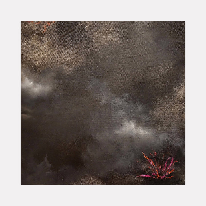 The artwork "In The Cave v" features a dark, textured background resembling a smoky cave atmosphere with swirling shades of gray and black. In the bottom right corner, there is a small burst of vibrant red and pink brushstrokes suggesting a glowing ember or fire. This piece by Anne Cherubim evokes mystery and depth.