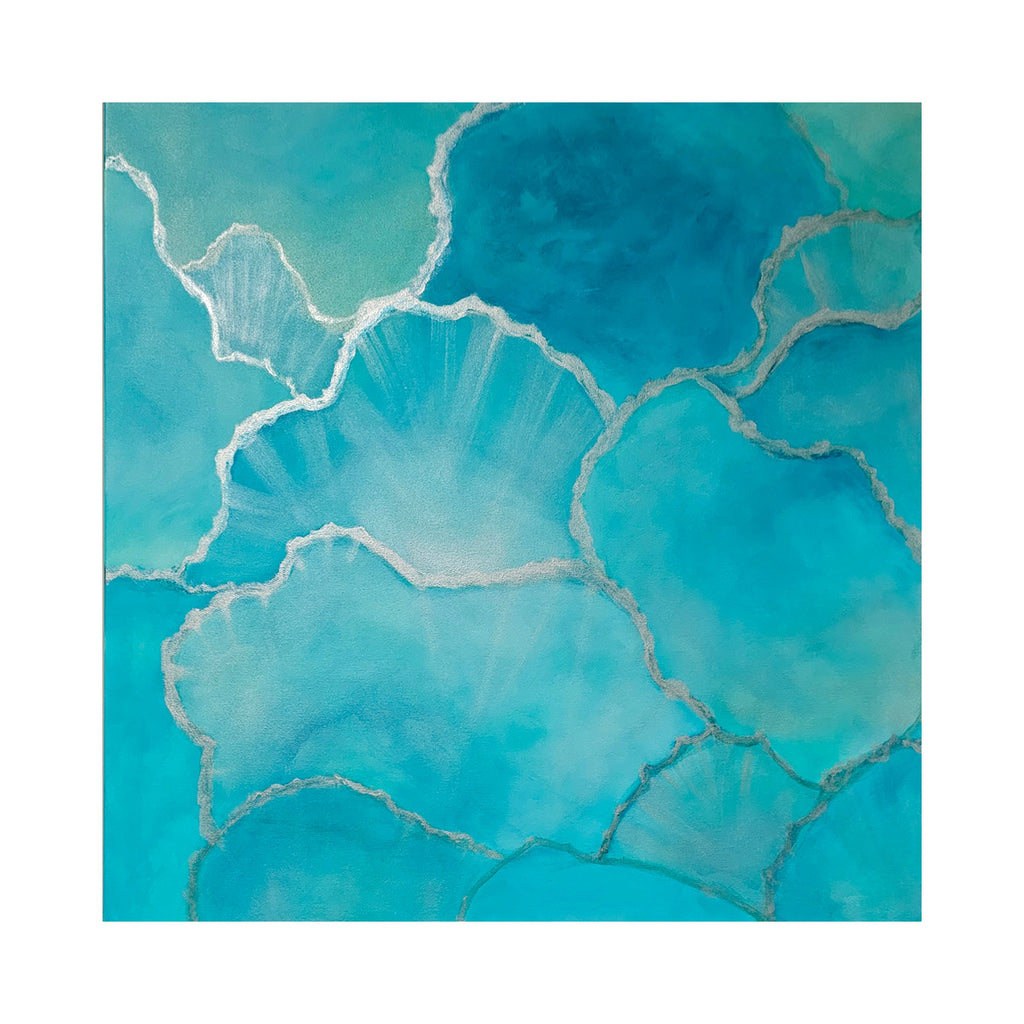 The artwork "Inspired By Salt ii" by Anne Cherubim features layered, translucent organic shapes in varying shades of blue and green with delicate white outlines. The smooth, fluid textures evoke a serene aquatic atmosphere, reminiscent of the ethereal abstraction in works by Helen Frankenthaler and Agnes Martin’s subtle, meditative compositions.