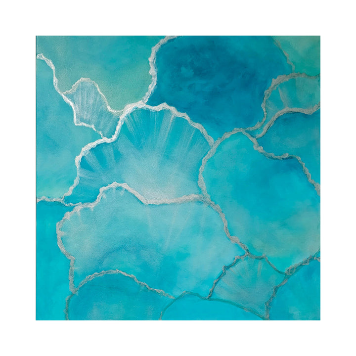 The artwork "Inspired By Salt ii" by Anne Cherubim features layered, translucent organic shapes in varying shades of blue and green with delicate white outlines. The smooth, fluid textures evoke a serene aquatic atmosphere, reminiscent of the ethereal abstraction in works by Helen Frankenthaler and Agnes Martin’s subtle, meditative compositions.