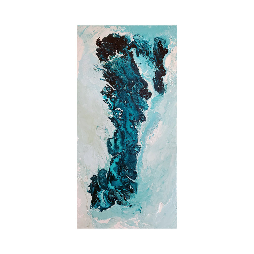 The artwork "Mythical Facts - Melting Ice Shelves" by Anne Cherubim features abstract, fluid forms in deep blues and greens contrasted with soft white and pale aqua tones. The textured, flowing shapes evoke icy landscapes and melting glaciers, with an organic movement reminiscent of the atmospheric abstraction found in works by Helen Frankenthaler and the naturalistic fluidity of Gerhard Richter.