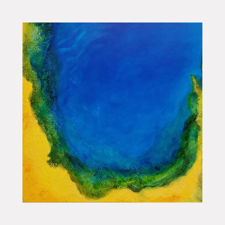 The artwork "Ocean Jewel v" features a rich, textured abstract composition with a deep blue central area resembling an ocean jewel, bordered by vibrant green and yellow hues that evoke natural landscapes and marine life. The piece by Anne Cherubim highlights a dynamic interplay of colors and textures. Anne Cherubim