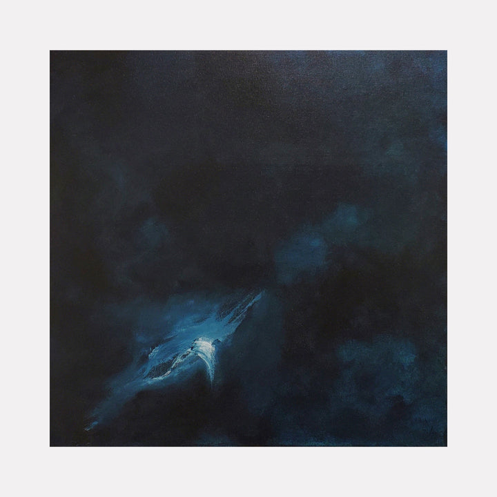 The artwork "Relative" by Anne Cherubim features a deep, moody composition dominated by dark navy and black hues with subtle gradients and textures. A luminous light blue and white form emerges from the darkness, evoking a sense of movement and ethereal energy within an abstract, atmospheric style. Anne Cherubim.