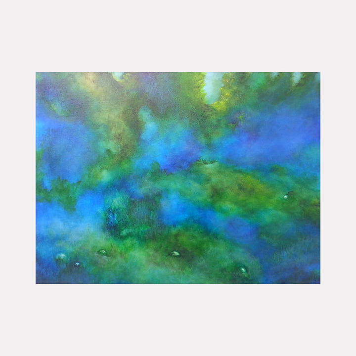 The artwork "Serendipity" features an abstract composition with fluid blending of vibrant green, blue, and subtle yellow hues creating a misty, ethereal atmosphere. Soft textures and organic shapes evoke a sense of nature and tranquility. The piece is by Anne Cherubim.