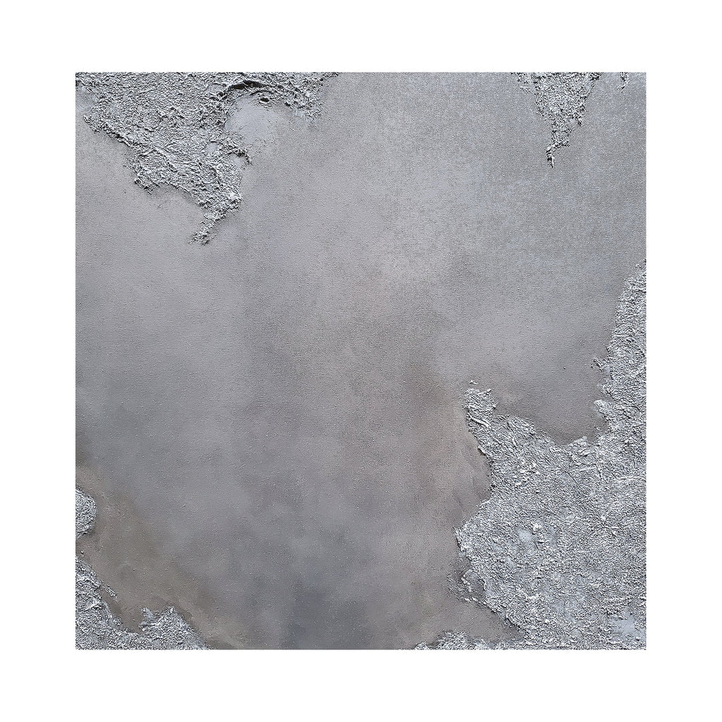 The artwork "(Silver Seas) Waiting to Breathe" by Anne Cherubim features an abstract composition in varying shades of gray with textured, layered surfaces that evoke a weathered, organic feel. The soft gradients and rough patches create a contemplative atmosphere, reminiscent of the subtle textures and muted palettes found in works by Agnes Martin and Anselm Kiefer.