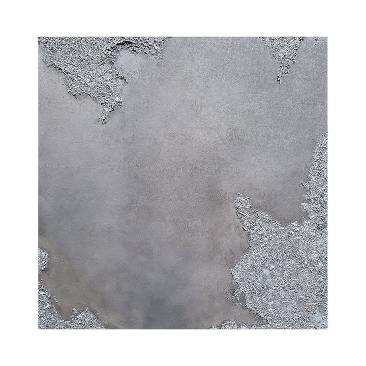 The artwork "(Silver Seas) Waiting to Breathe" by Anne Cherubim features an abstract composition in varying shades of gray with textured, layered surfaces that evoke a weathered, organic feel. The soft gradients and rough patches create a contemplative atmosphere, reminiscent of the subtle textures and muted palettes found in works by Agnes Martin and Anselm Kiefer.
