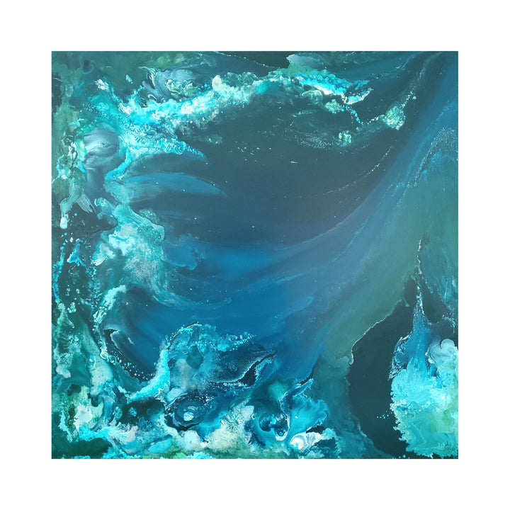The artwork "There is No Such Thing as Global Warming ii" by Anne Cherubim features an abstract composition dominated by swirling blues, teals, and greens. Fluid, textured layers evoke oceanic currents and icy formations, with dynamic contrasts suggesting natural movement. The piece reflects organic abstraction reminiscent of Helen Frankenthaler and Gerhard Richter.