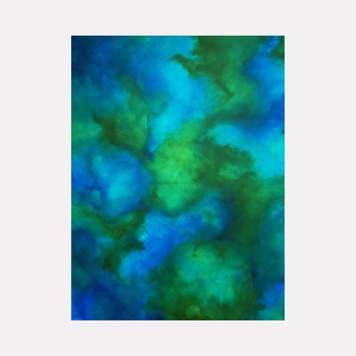 The artwork "Water Dwelling iv" features an abstract composition with swirling shades of blue and green that evoke underwater scenery, blending soft textures and fluid shapes to create a sense of depth and movement. This vibrant, organic piece by Anne Cherubim captures the essence of aquatic life.