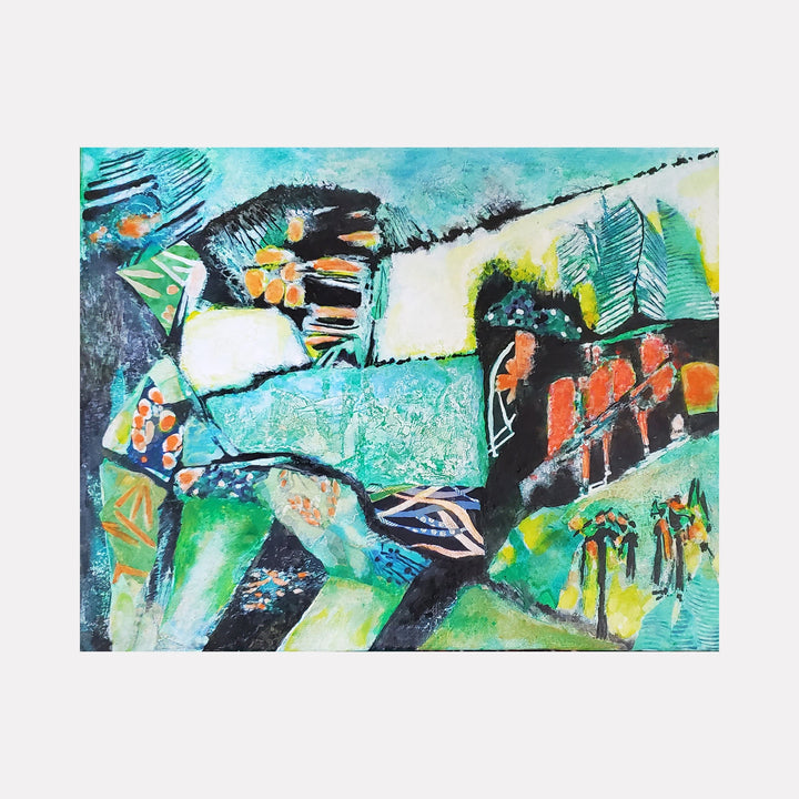 The artwork "Arrowhead Farm" features an abstract composition with vibrant turquoise, green, and orange hues, incorporating textured brushstrokes and layered geometric shapes resembling natural landscapes and farm elements. The painting combines bold contrasts and intricate patterns, creating a dynamic and modern aesthetic. Created by James Ehling.