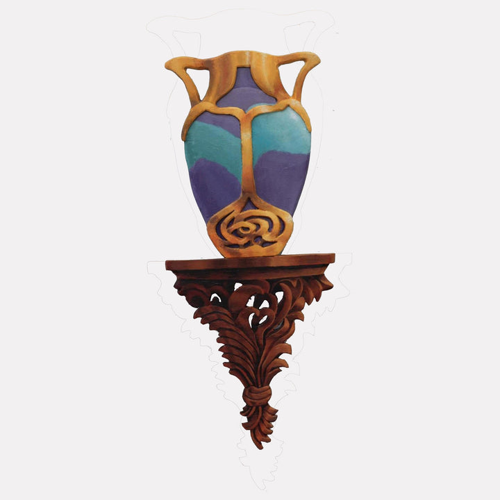 The artwork "Art Nouveau" by Carl Chaiet in gallery position 1 features a ceramic vase with sinuous gold accents framing cool teal and deep purple color fields, perched on a richly carved wooden bracket with flowing leaf motifs. The design echoes the organic elegance of Alphonse Mucha and the decorative refinement of Louis Comfort Tiffany.