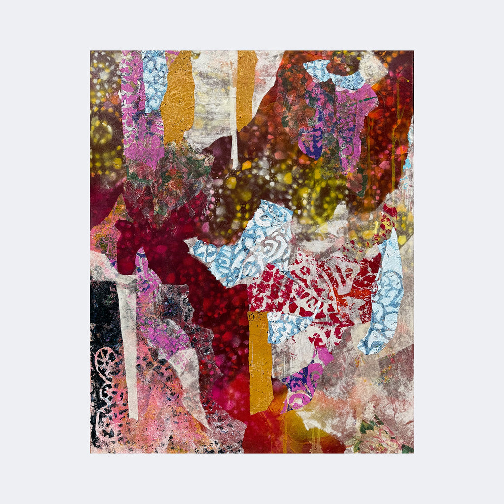 The artwork "Every Part Of You Has A Secret Language" by Rebecca Darlington features a rich collage of textured layers combining deep reds, purples, golds, and blues. Abstract shapes and organic forms overlap in a style reminiscent of Robert Rauschenberg’s mixed media work and the vibrant patterns of Henri Matisse’s cut-outs, creating a dynamic, expressive composition.
