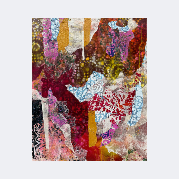 The artwork "Every Part Of You Has A Secret Language" by Rebecca Darlington features a rich collage of textured layers combining deep reds, purples, golds, and blues. Abstract shapes and organic forms overlap in a style reminiscent of Robert Rauschenberg’s mixed media work and the vibrant patterns of Henri Matisse’s cut-outs, creating a dynamic, expressive composition.